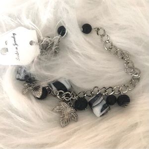 Fashion Jewelry Black and Silver Beads and Leaves Bracelet.